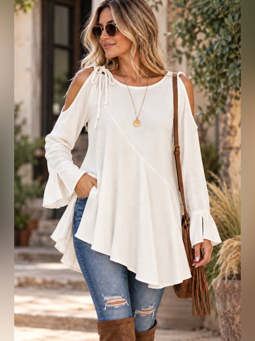 Free People Size L Ivory Cold Shoulder Tunic Top Boho Flowy Long Sleeve